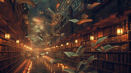 Obraz premium Mystical library interior featuring dozens of books soaring away from the wooden shelves down a long, dimly lit corridor, ideal for fantasy marketing and educational concepts.