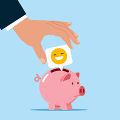 Hand putting happy face smiling comment on speech bubble a piggy bank. Modern vector illustration in flat style