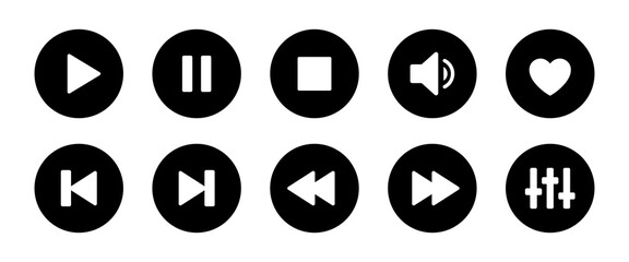 Music player icon set with play, pause, next, previous, heart, like and settings symbol in black and white color. Media Player Buttons icon set, Play and pause buttons sign, Video Audio Player button.