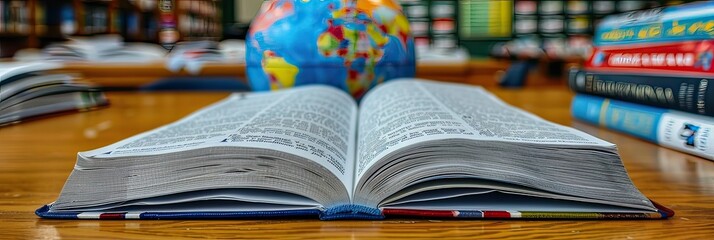 A globe is placed on a table beside a pile of books