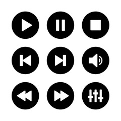 Music player icon set with play, pause, next, previous like and settings symbol in black and white color. Media Player Buttons icon set, Play and pause buttons sign, Video Audio Player button symbol.