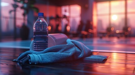 Gym setting with a water bottle and towel