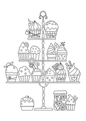 Fototapeta premium Coloring Page For Adults And Children Features A Stand With Cupcakes, Providing A Stress-Relieving Coloring Book Experience