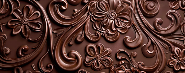 Chocolate background with intricate, dark chocolate filigree designs.