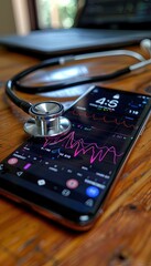 A stethoscope rests on a purple cell phone placed on a table