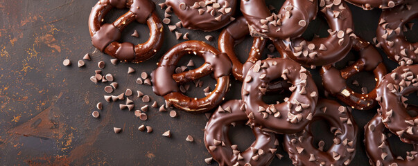 Chocolate background with rustic, chocolate-covered pretzels.