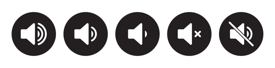 Speaker icon set with ring, mute, 50% volume and silent for smartphone user interface in black color. Sound volume icons set with different signal levels on white background. Sound icon, volume symbol