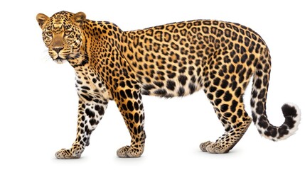 Fototapeta premium Spotted Leopard in Side View Proudly Gazing at Camera Isolated on White
