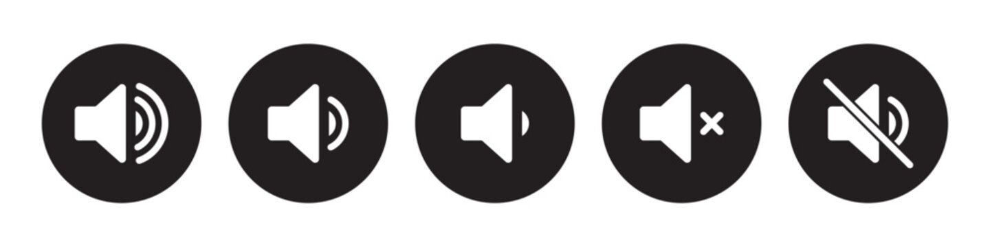 Speaker icon set with ring, mute, 50% volume and silent for smartphone user interface in black color. Sound volume icons set with different signal levels on white background. Sound icon, volume symbol