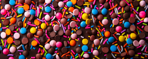 Chocolate background with vibrant, colorful chocolate sprinkles on a dark base.