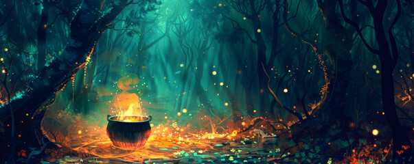 Halloween background with a cauldron in the middle of an enchanted forest clearing.
