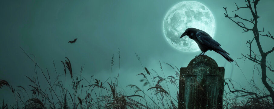 Halloween background with a black raven sitting on a gravestone under a full moon.