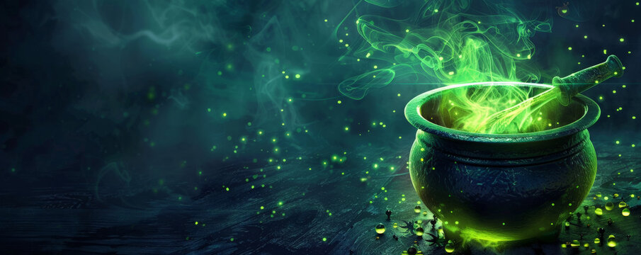 Halloween background with a cauldron bubbling with green, glowing potion.