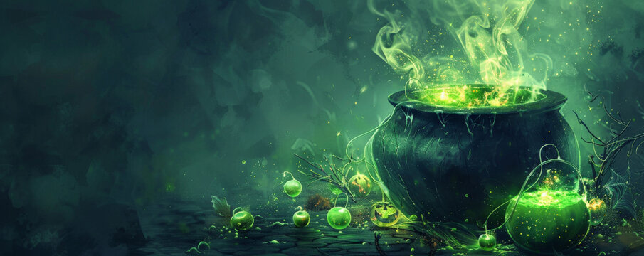Halloween background with a cauldron bubbling with green, glowing potion.