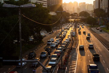 Sao Paulo, SP, Brazil, April 04, 2016. Sunset and heavy traffic on the East-West connection, Radial Leste Avenue, in downtown Sao Paulo.
