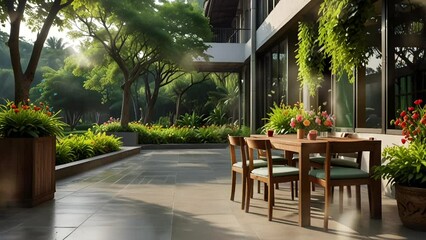 comfortable cafe atmosphere in summer, with a natural background, seamless looping 4k video animation background