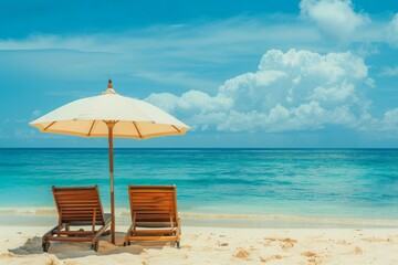 Fototapeta premium beach with umbrellas and chairs, Chairs And Umbrella In Tropical Beach - Seascape Banner, summer banner
