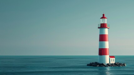 A lighthouse stands alone on a rocky outcrop in the middle of a calm sea