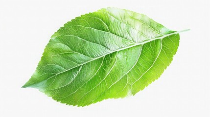 Obraz premium A single, vibrant green leaf, displaying detailed veining and healthy texture, beautifully isolated on a clean white background for use in product packaging or environmental.