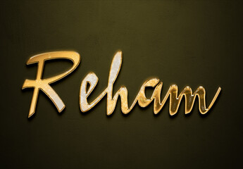 Old gold text effect of name Reham with 3D glossy style Mockup.