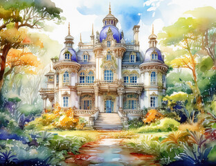 Obraz premium Watercolor painting of a castle in the forest