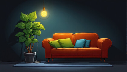 Illustrative representation of a frontal view of a simple and cozy sofa with a lamp and plants standing next to it - ai generated