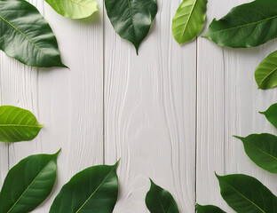 green leaves on white wooden background
