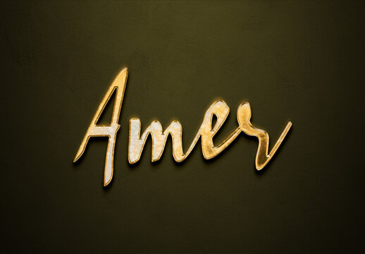 Old gold text effect of name Amer with 3D glossy style Mockup.