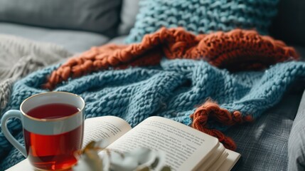 Fototapeta premium Coffee in blue cup on wooden table in cafe with lighting background