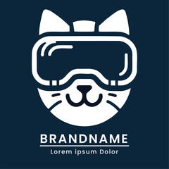 Cute cat with VR glasses logo, innovative pet branding, modern vector illustration