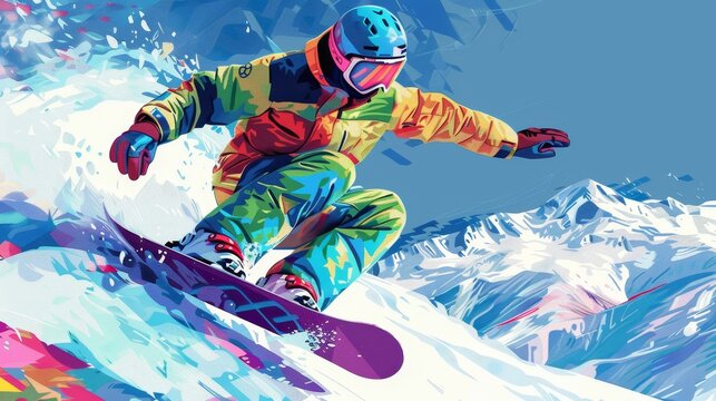 Pixel Art of Beijing 2022 Winter Olympics - Snowboarding Athletes Competing with Clipping Path - Powered by Adobe