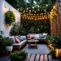 terrace with string lights and plants