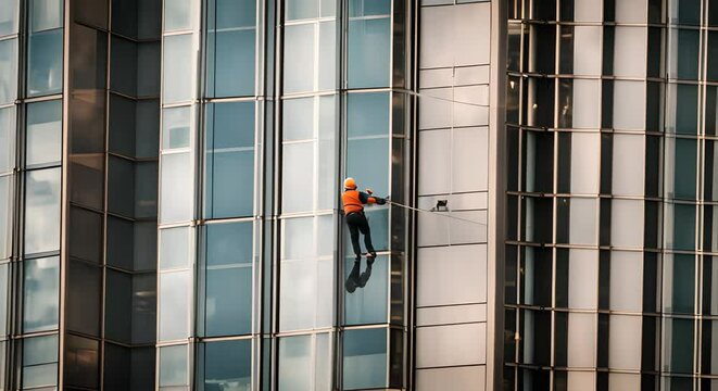 Cleaner cleaning the windows of a skyscraper.
