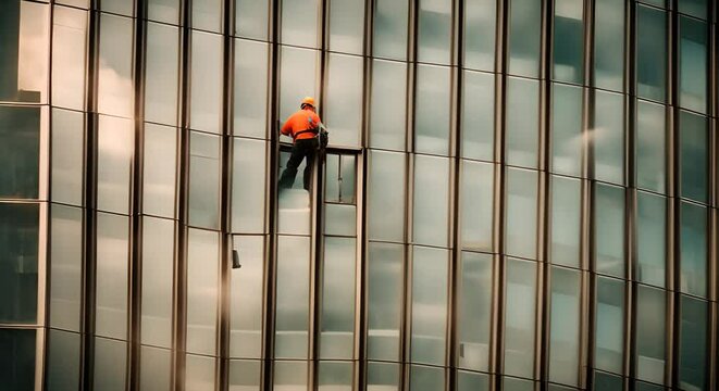 Cleaner cleaning the windows of a skyscraper.