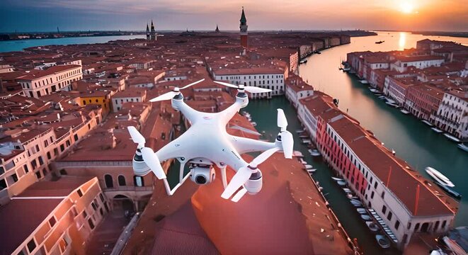 Drone with camera flying over Venice.