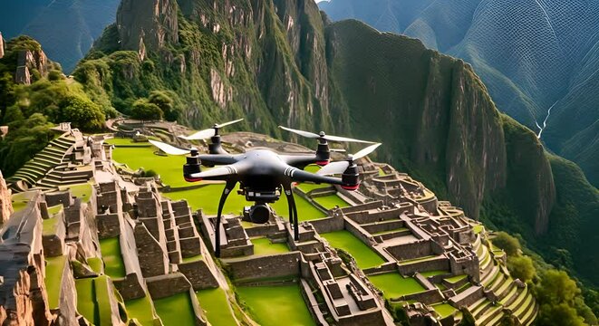 Drone with camera flying over Machu Picchu, Peru.