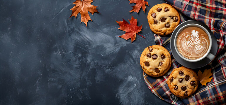 Fondo de oto&ntilde;o con cuadros, galletas con chispas de chocolate y taza de caf&eacute; con hoja de espuma en la vista superior de la mesa negra copia espacio banner concepto de oto&ntilde;o