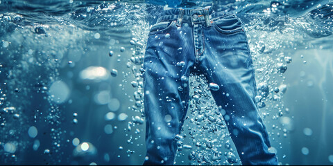 Floating jeans underwater with bubbles and wet splashes laundry work.