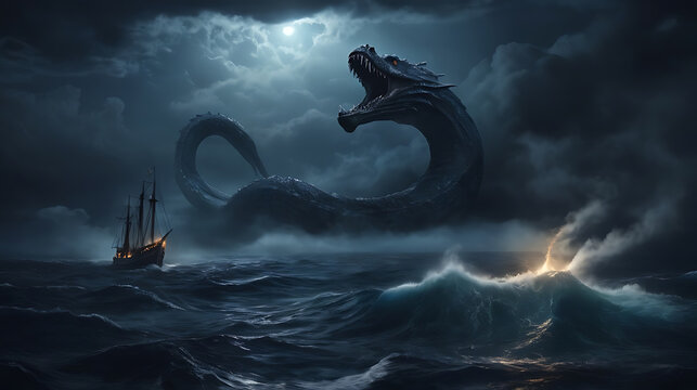 Roaring Sea Serpent Leviathan Amidst Volcanic Waters Under Mysterious Glow