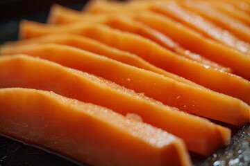a newly chopped papaya on a wooden cutting board