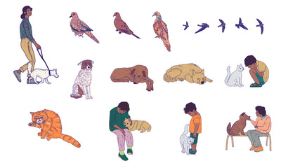 Set of hand drawn animal illustrations. Dogs, cats and city birds.