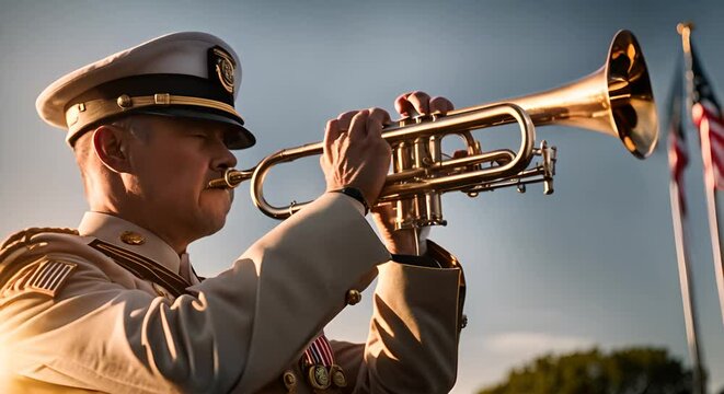 Military man playing the trumpet in a tribute.