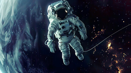 Fototapeta premium An astronaut floating in space with a tether photorealistic high detail 