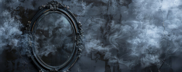 Halloween background with a vintage, cracked mirror reflecting ghostly images.