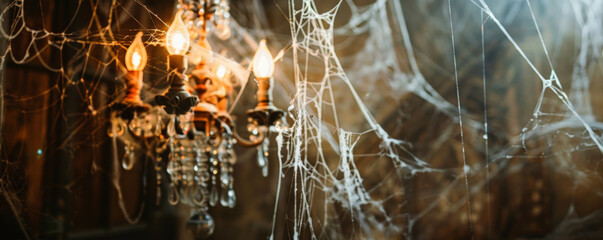 Halloween background with an old, cobweb-covered chandelier in an abandoned mansion.