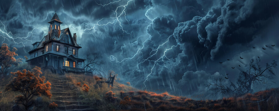 Halloween background with a spooky haunted house on a hill under a stormy sky.