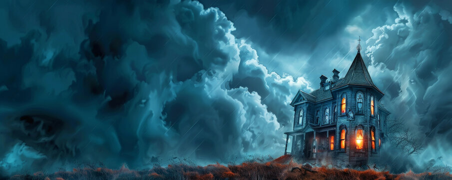 Halloween background with a spooky haunted house on a hill under a stormy sky.