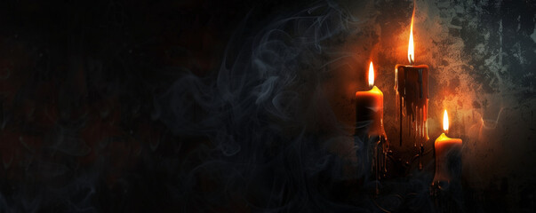 Fototapeta premium Halloween background with flickering candles casting eerie shadows in a dark room.