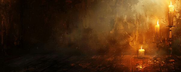 Halloween background with flickering candles casting eerie shadows in a dark room.