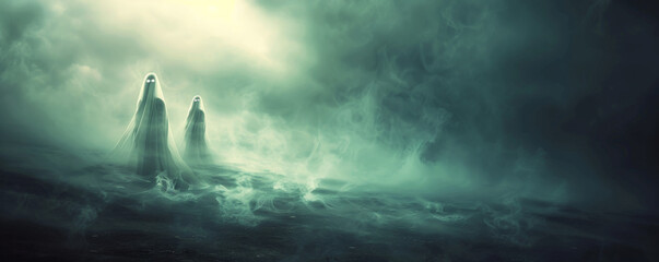 Halloween background with ghostly apparitions floating in a dark, misty landscape.